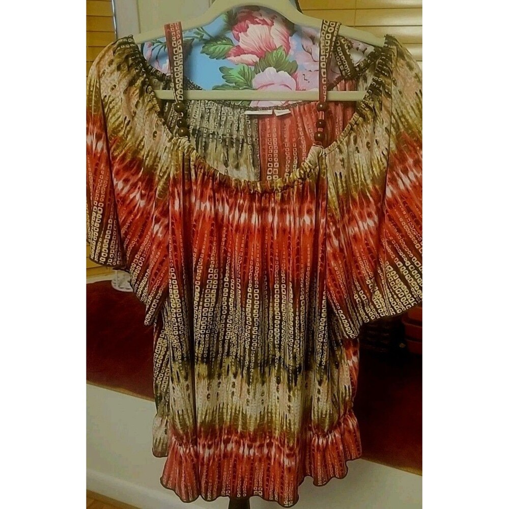 Cato Cold Shoulder Blouse Sz 18/20W Lightweight Red/ Crream Brown Short Sleeve